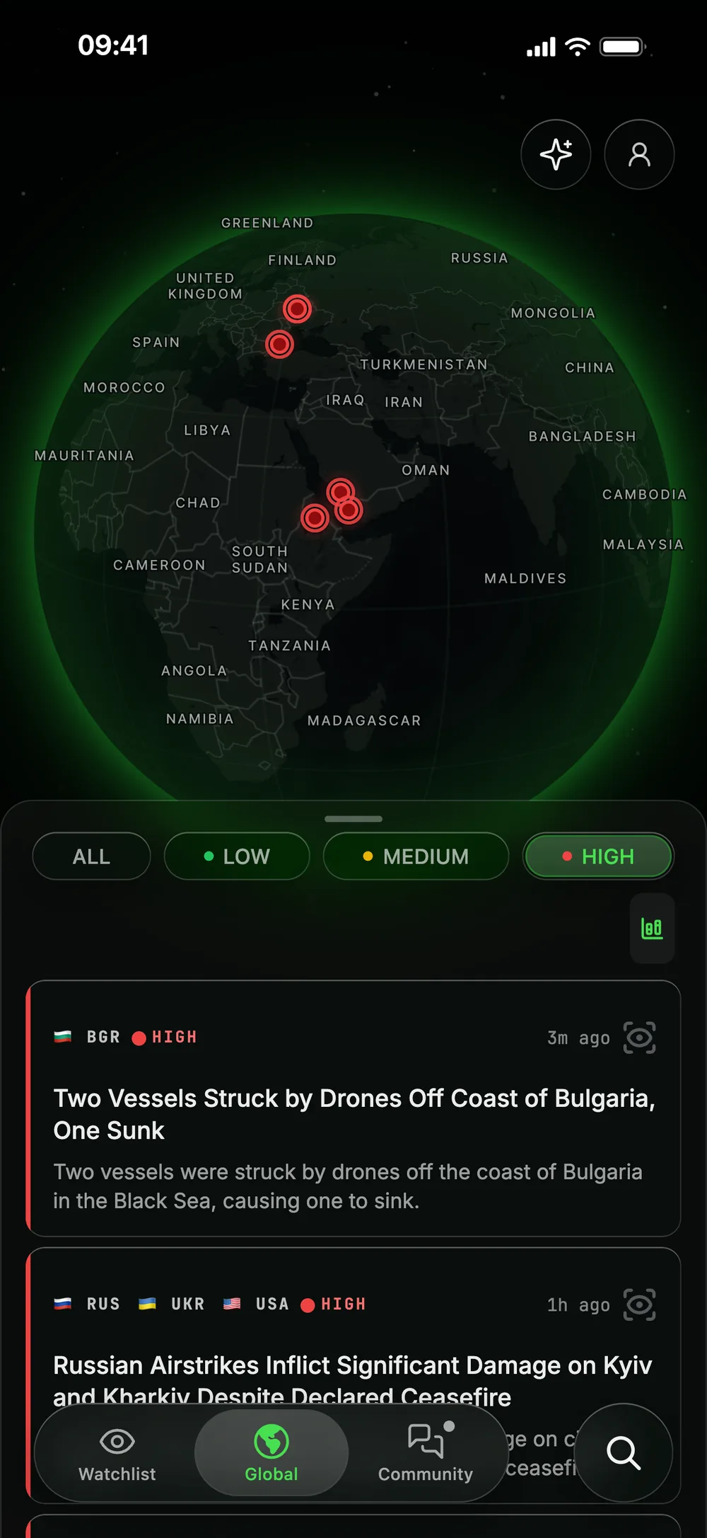 SITREP Global feed on iPhone: a globe with red impact markers over the Black Sea, Ukraine, Saudi Arabia, Yemen and Ethiopia, the impact filter set to High, and HIGH alerts on Bulgaria and on Russia, Ukraine and the United States.