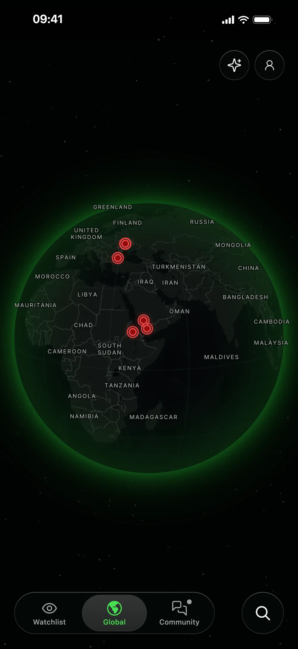 SITREP map: a dark globe with a green atmosphere and red HIGH markers off Bulgaria's Black Sea coast and over Kyiv, Khamis Mushait, Sana'a and Tigray.