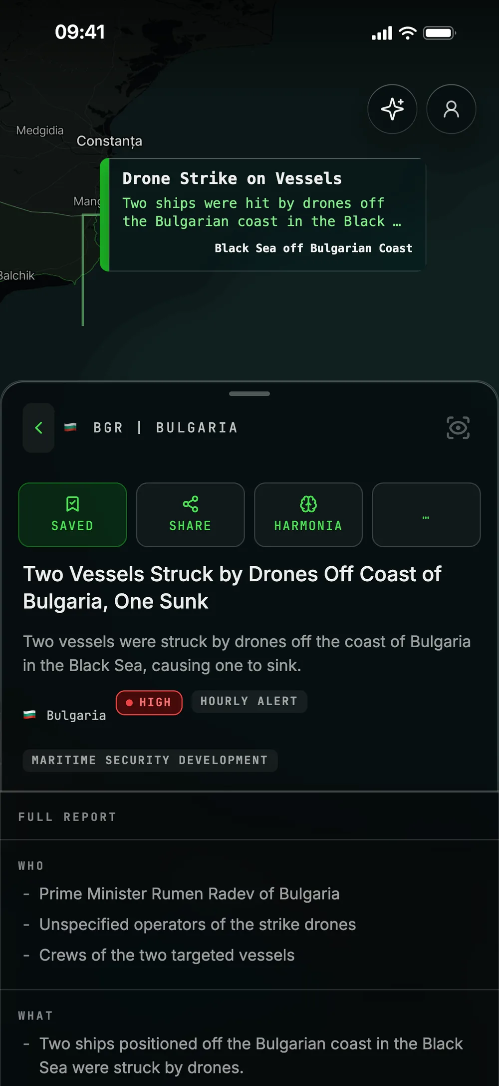 SITREP alert reader: Two Vessels Struck by Drones Off Coast of Bulgaria, One Sunk, rated HIGH, with the Black Sea off Bulgaria marked on the map and the full report below.